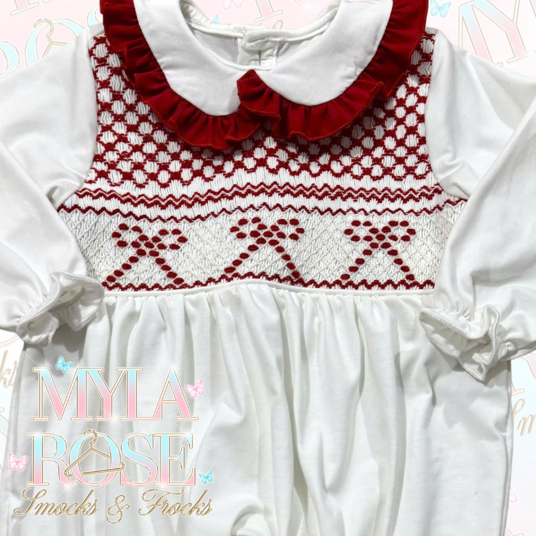 Ruby Red Bow Hand Smocked Baby Grow Set - Baby Grow, Mittens, Bonnet & Bib (Pre Order 4-5 Weeks Delivery)