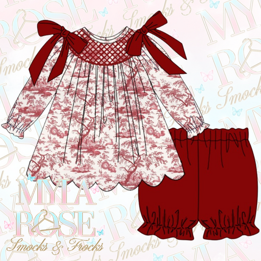 Plum Toile De Jouy Two Piece Dress & Shorts (Pre Order 5-6 Weeks Delivery)