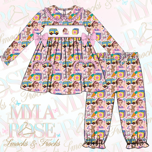 Pink Mrs Rachel Exclusive Smocked Pyjamas (Pre Order 5-6 Weeks Delivery)