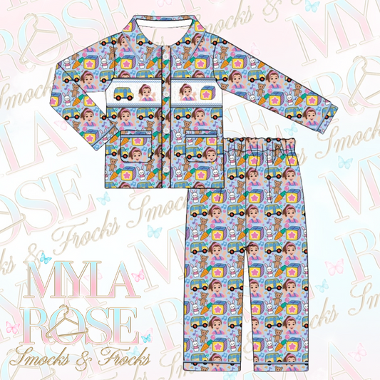 Blue Mrs Rachel Exclusive Smocked Pyjamas (Pre Order 5-6 Weeks Delivery)