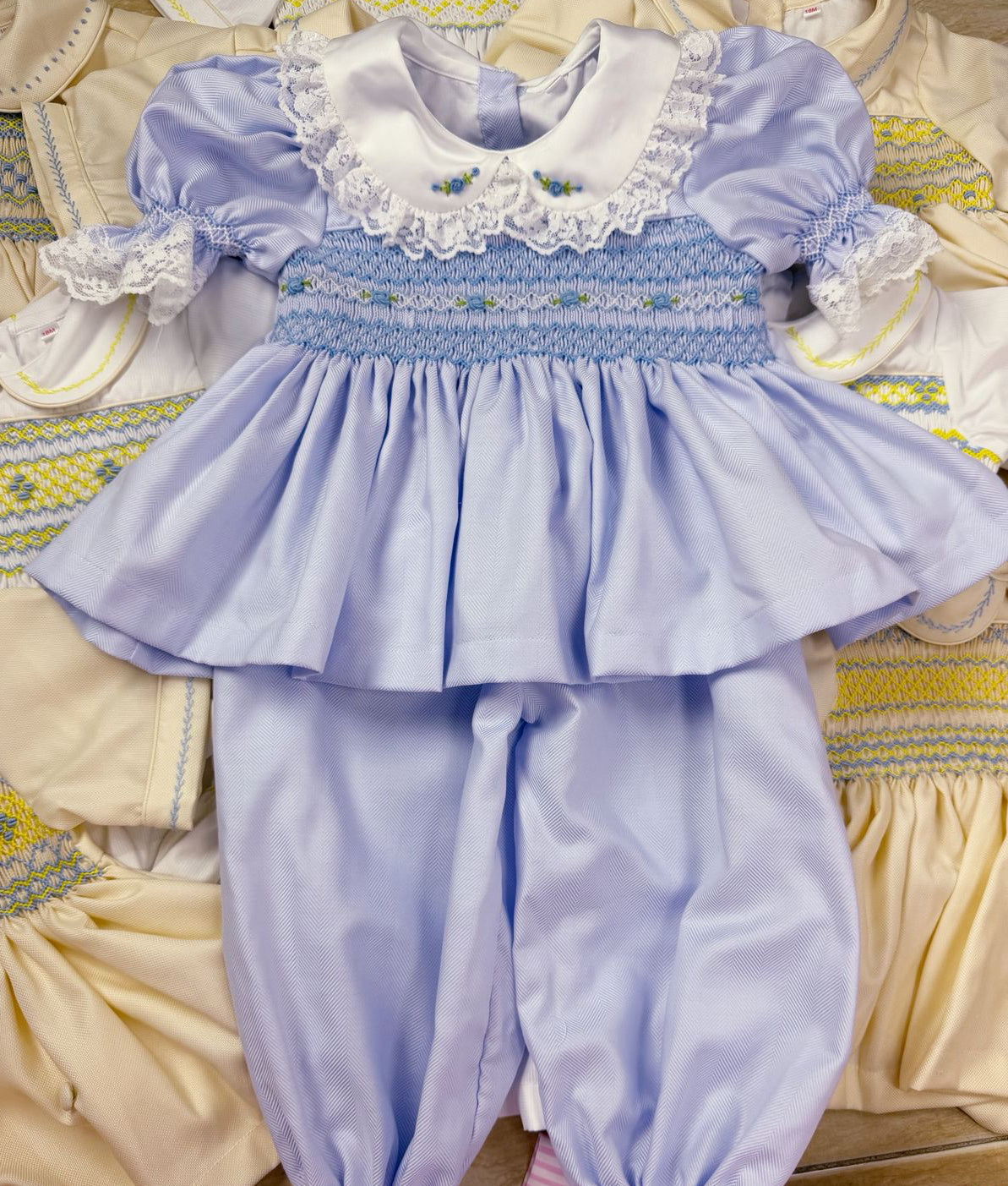 Belle Blue Hand Smocked Pyjamas & Hair Accessories (Pre Order)