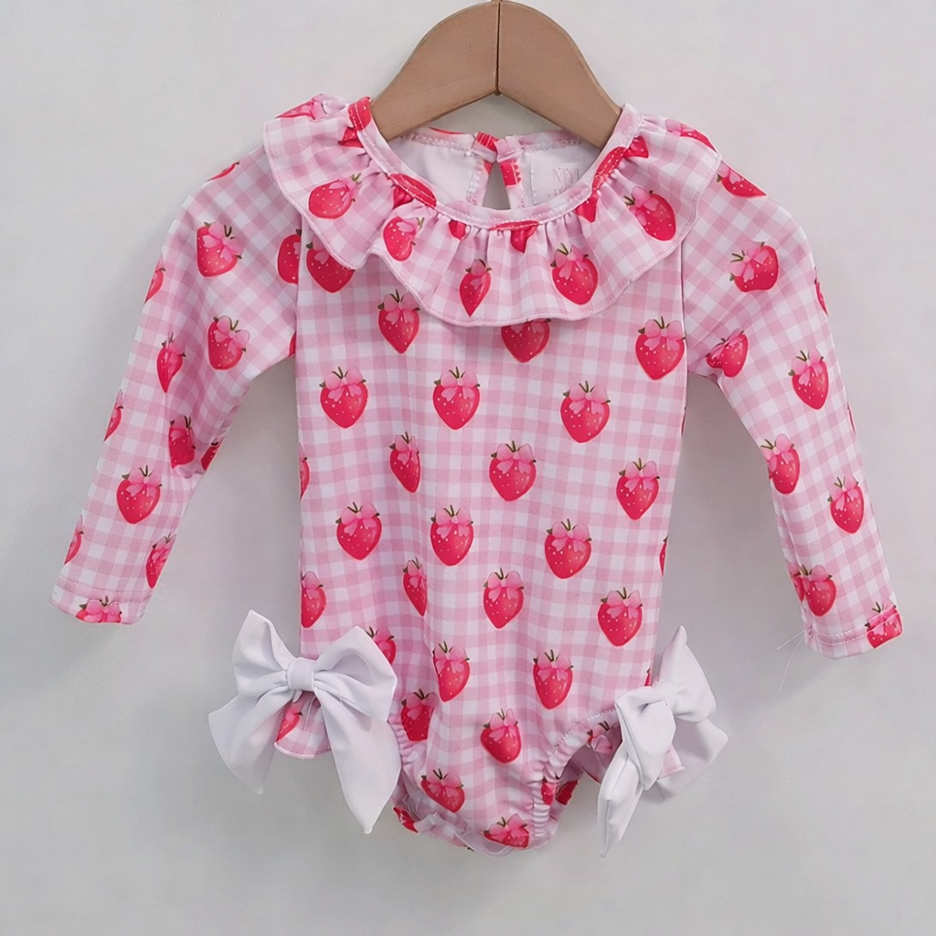 Gingham Strawberry Girls Long Sleeve Swimming Costume