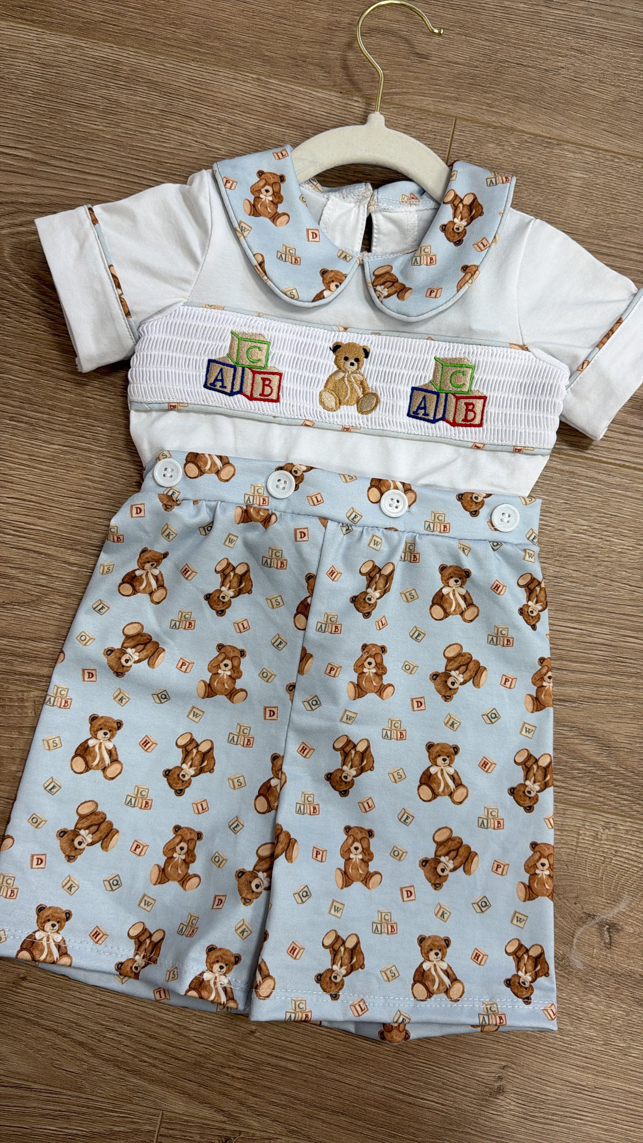 Blue Teddy Smocked Shorts Set