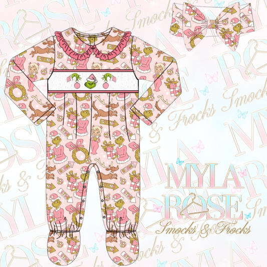 Pink Grinchmas Girls Exclusive Smocked Babygrow & Headband (Pre Order 7-8 Weeks Delivery)