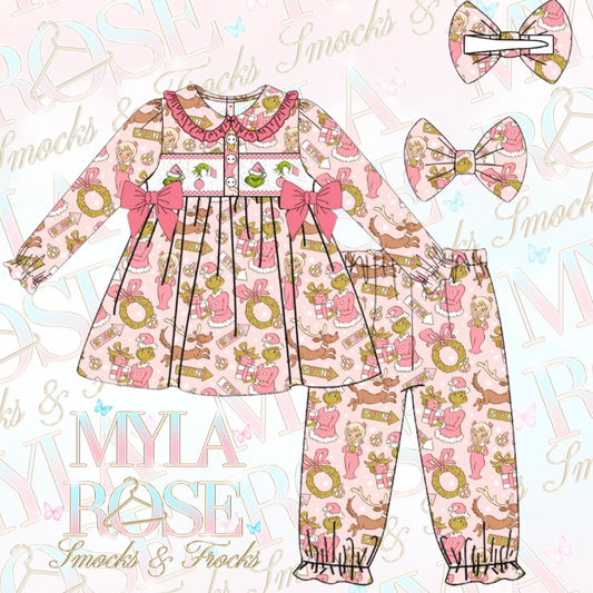 Pink Grinchmas Girls Exclusive Smocked Pyjamas With Hair Bow (Pre Order 7-8 Weeks Delivery)