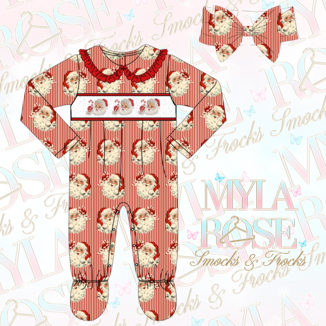 Santa Striped Girls Exclusive Smocked Babygrow & Headband (Pre Order 4-5 Weeks Delivery)