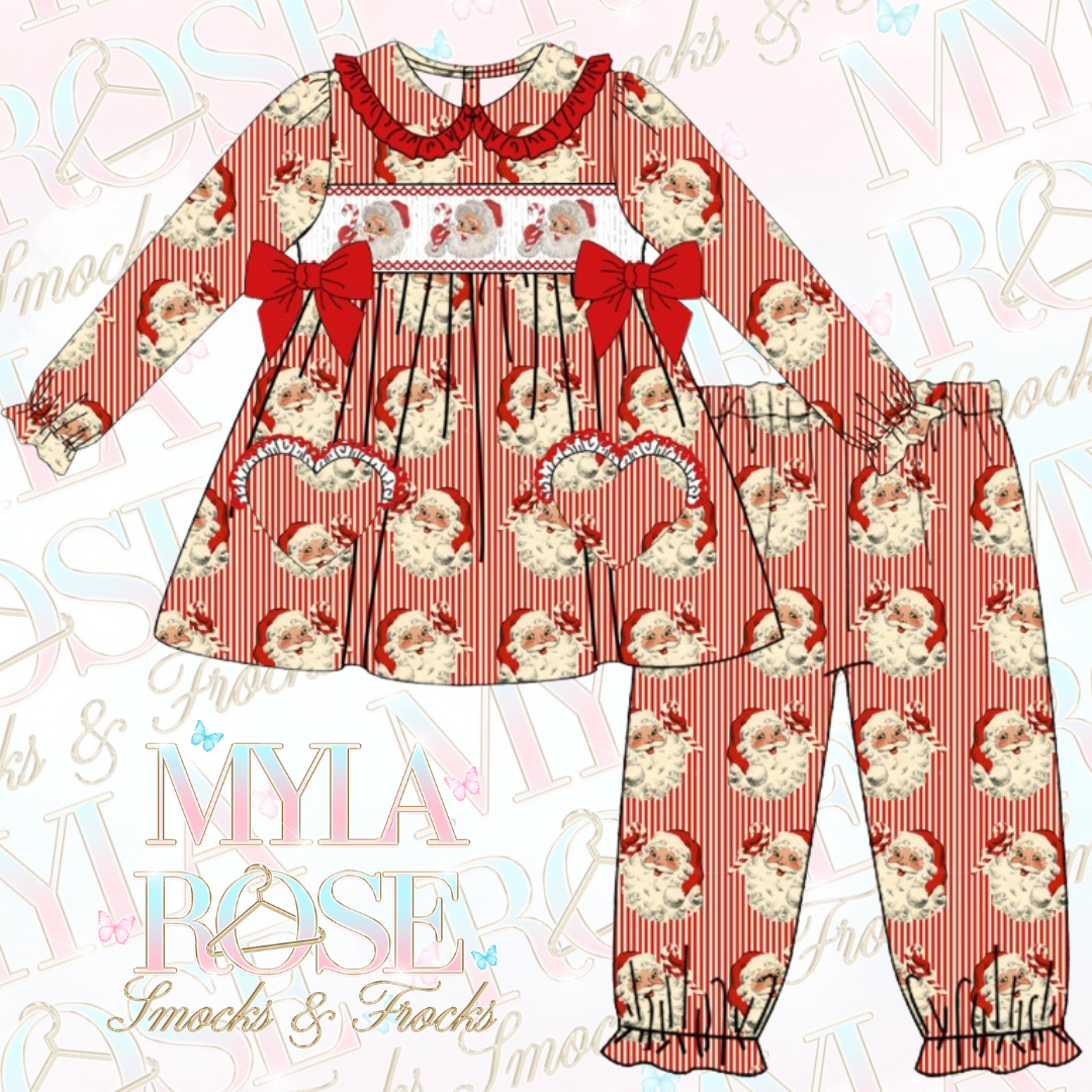 Santa Striped Girls Exclusive Smocked Pyjamas (Pre Order 7-8 Weeks Delivery)
