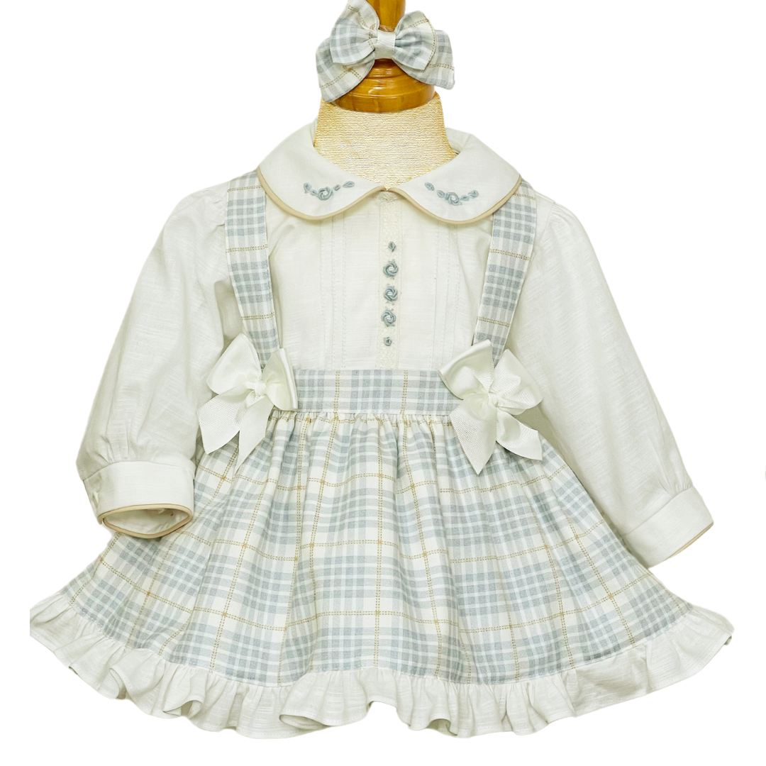 Cream / Blue Checked Smock Dress & Knicker Set - MT02467E