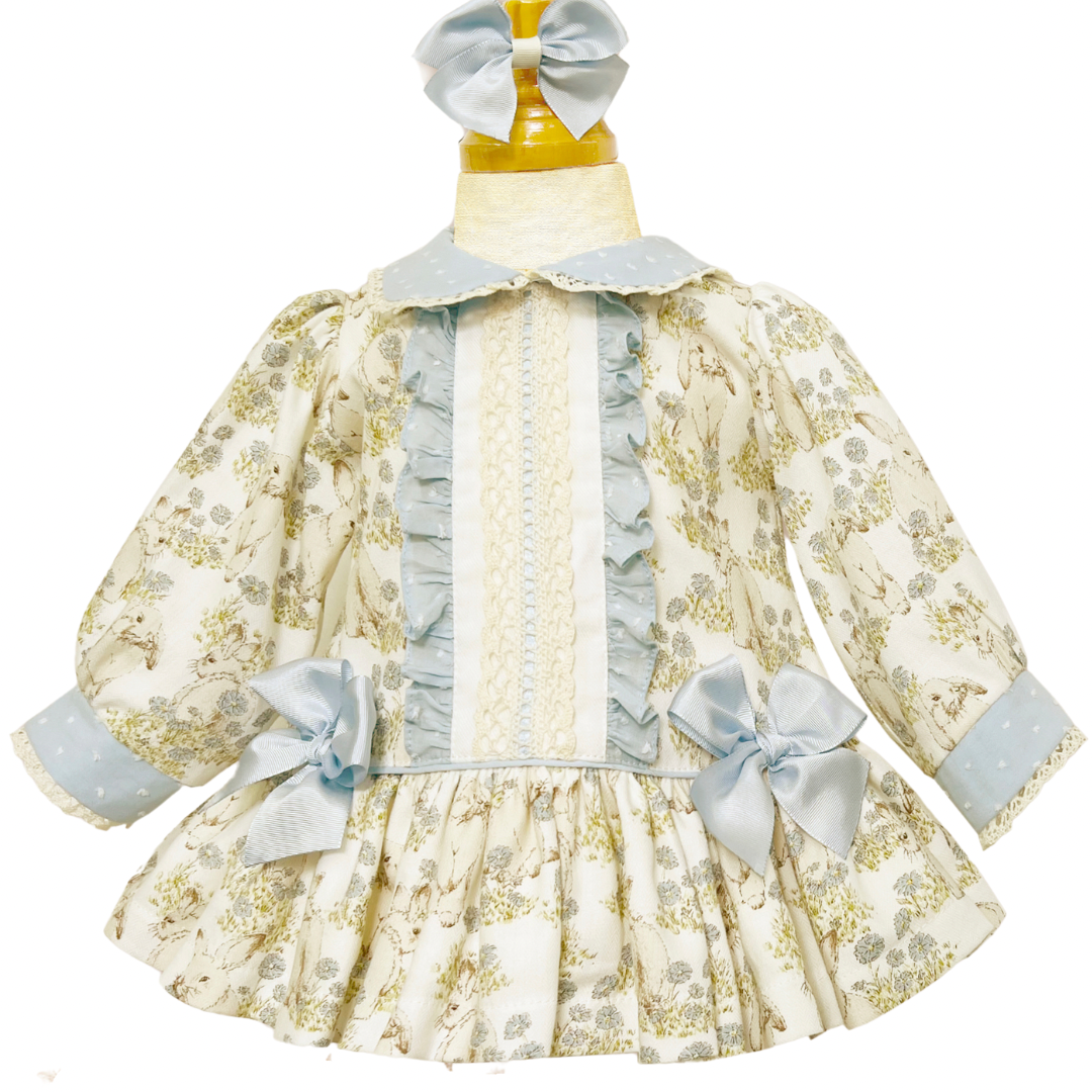 Cream / Blue Floral Bunny Smock Dress & Knicker Set - MT02417E