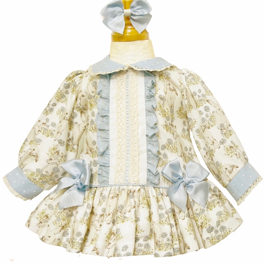 Cream / Blue Floral Bunny Smock Dress & Knicker Set - MT02417E