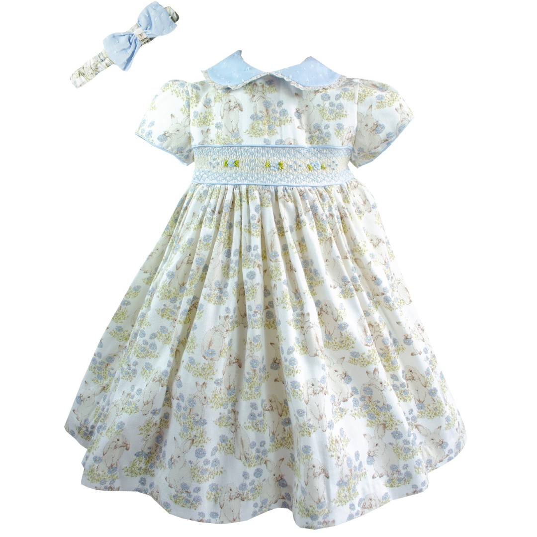 Older Girls Cream / Blue Floral Bunny Smock Dress - MC01422E