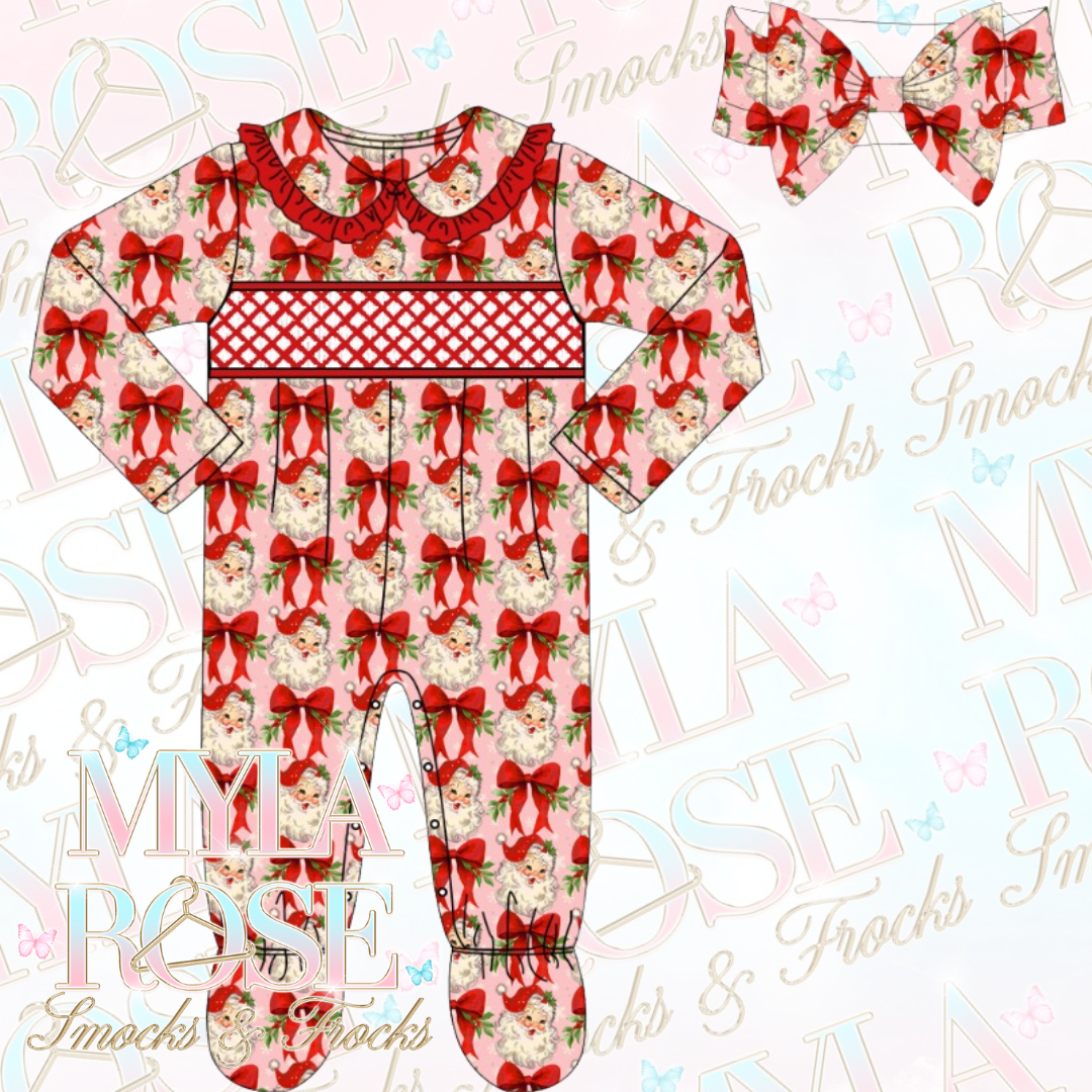 Festive Bow Girls Exclusive Smocked Babygrow & Headband (Pre Order 4-5 Weeks Delivery)