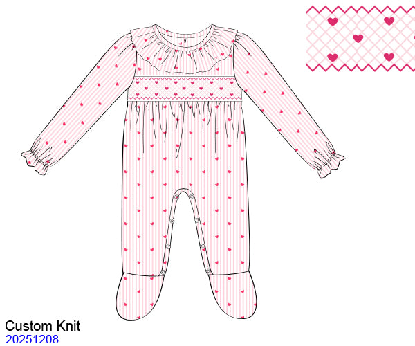 Heart Pinstripe Girls Hand Smocked Baby Grow (Pre Order)