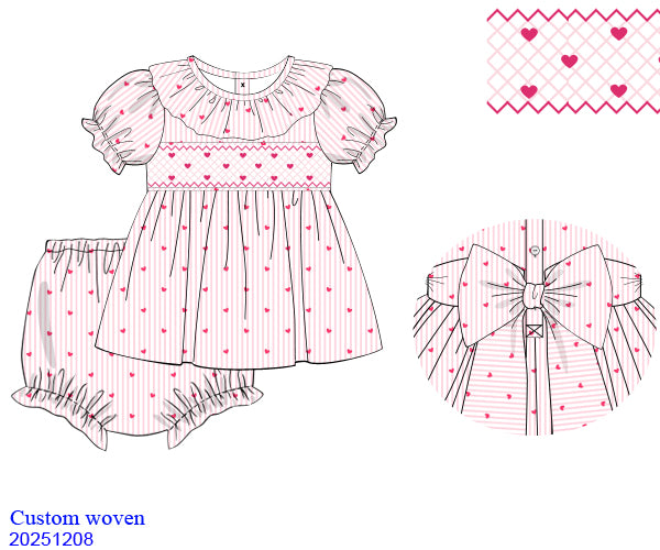 Heart Pinstripe Girls Hand Smocked Dress Set With Bow Back (Pre Order)