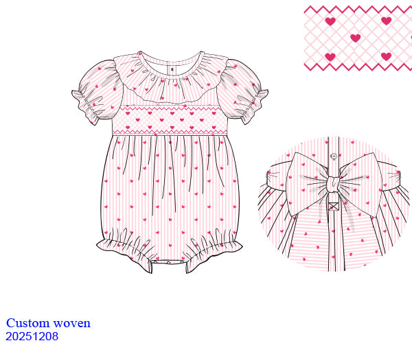 Heart Pinstripe Girls Hand Smocked Romper With Bow Back (Pre Order)