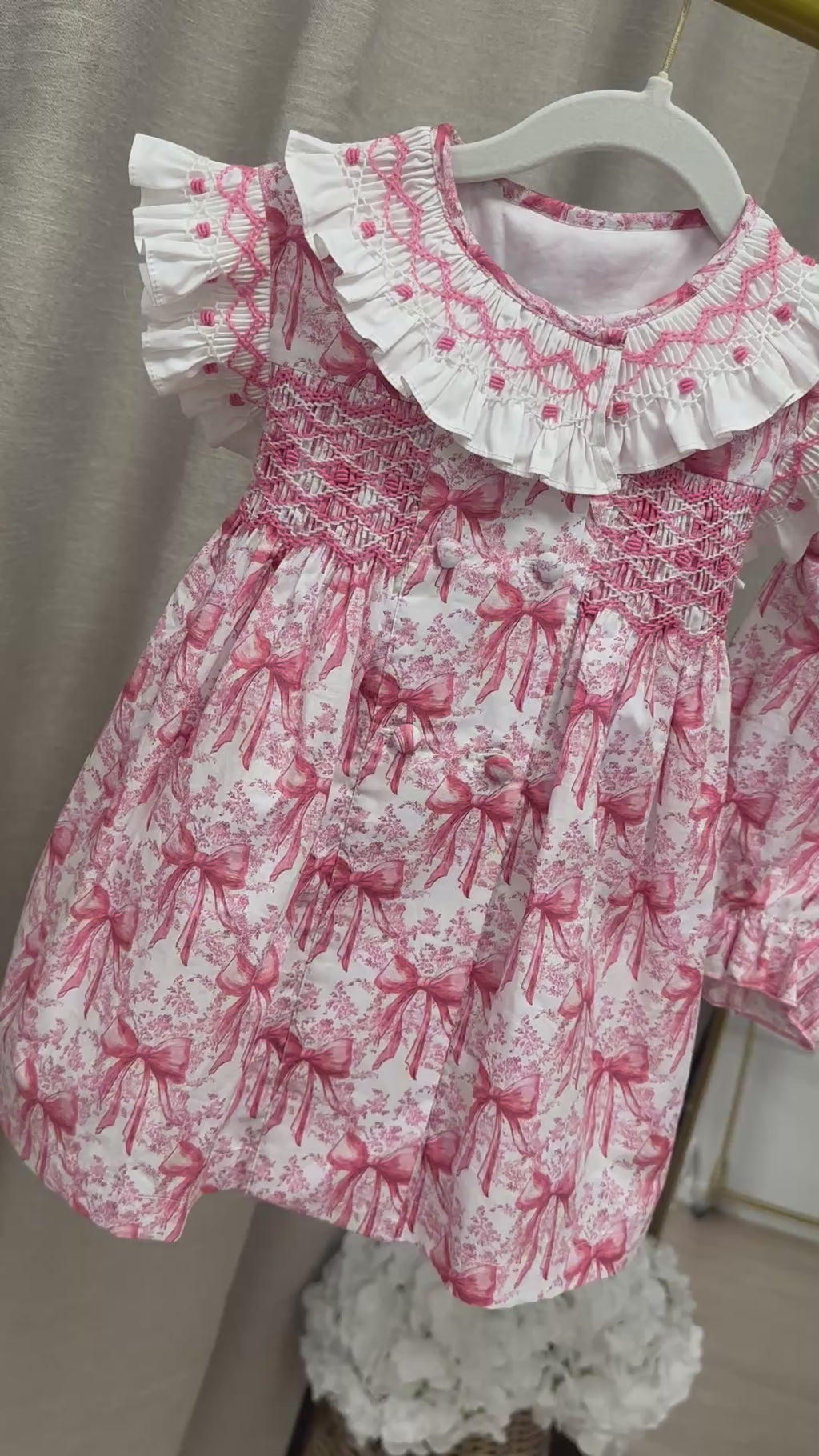 Pink Bow Toile Hand Smocked Dress & Bloomers