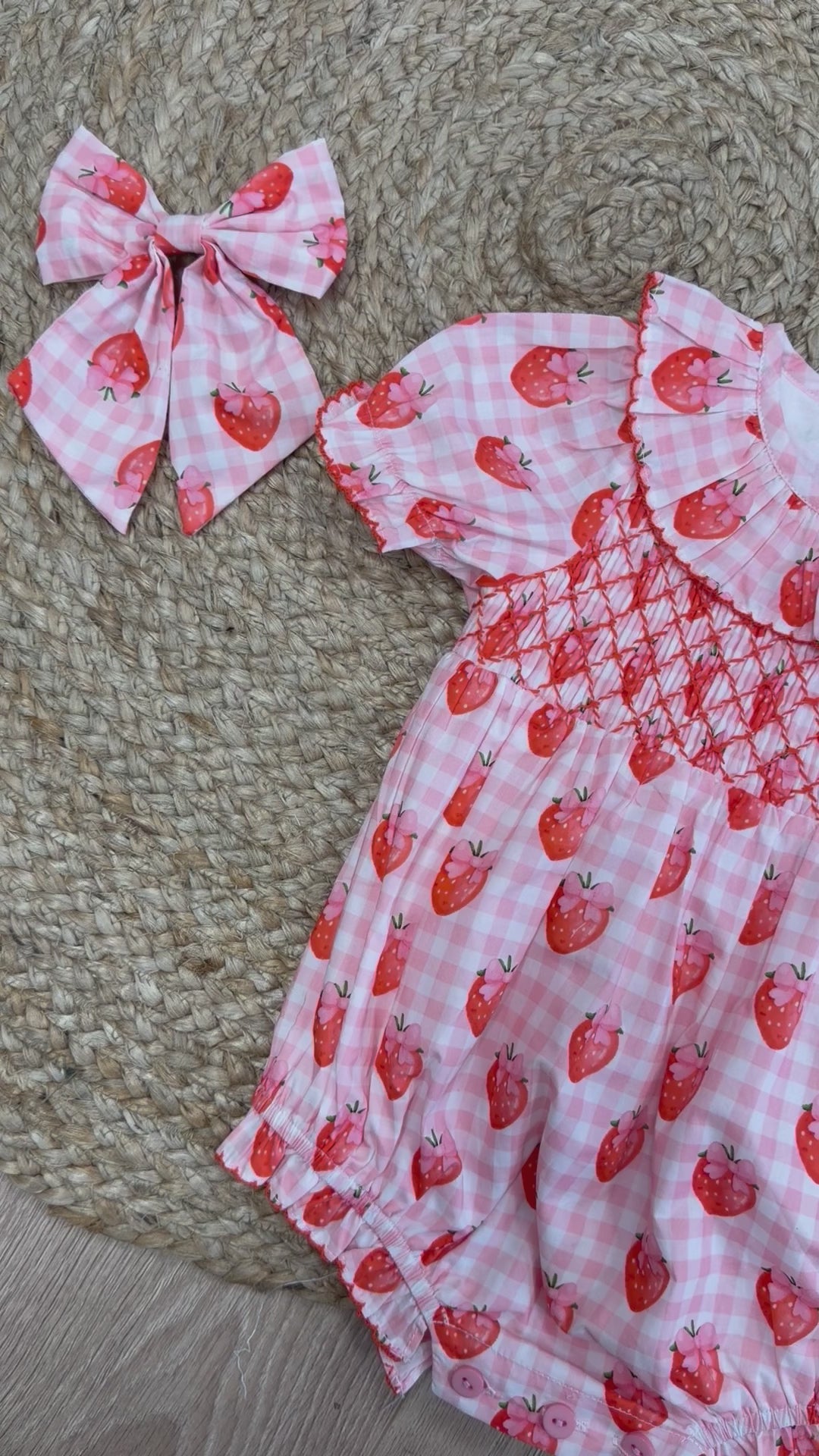 Gingham Strawberry Girls Hand Smocked Romper